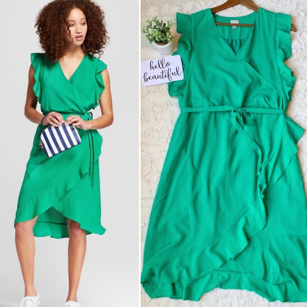 a new day green ruffle faux wrap dress